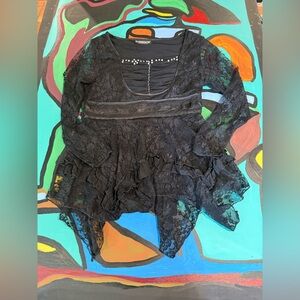 Vintage 90s Y2K Black Lace Long Sleeve Dress with Ruffles & Beads Whimsigoth